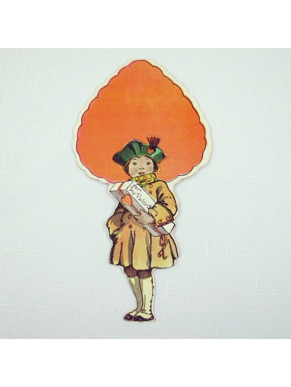 Vintage Valentine Black Americana Girl Green Beret Hat Red Heart Cutout Stand Up
